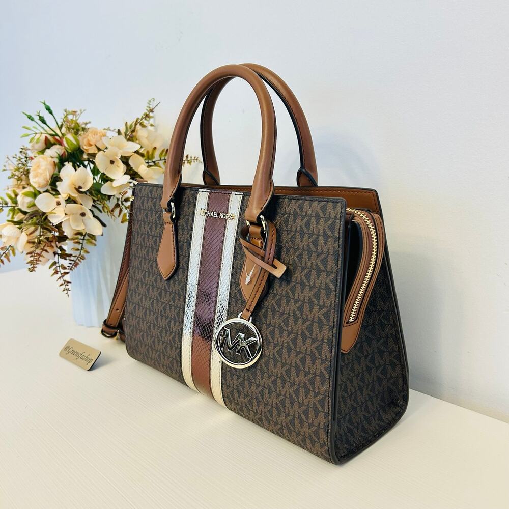 Michael Kors Purse Medium Sheila Signature Logo and Metallic Satchel Brown - Picture 2 of 10